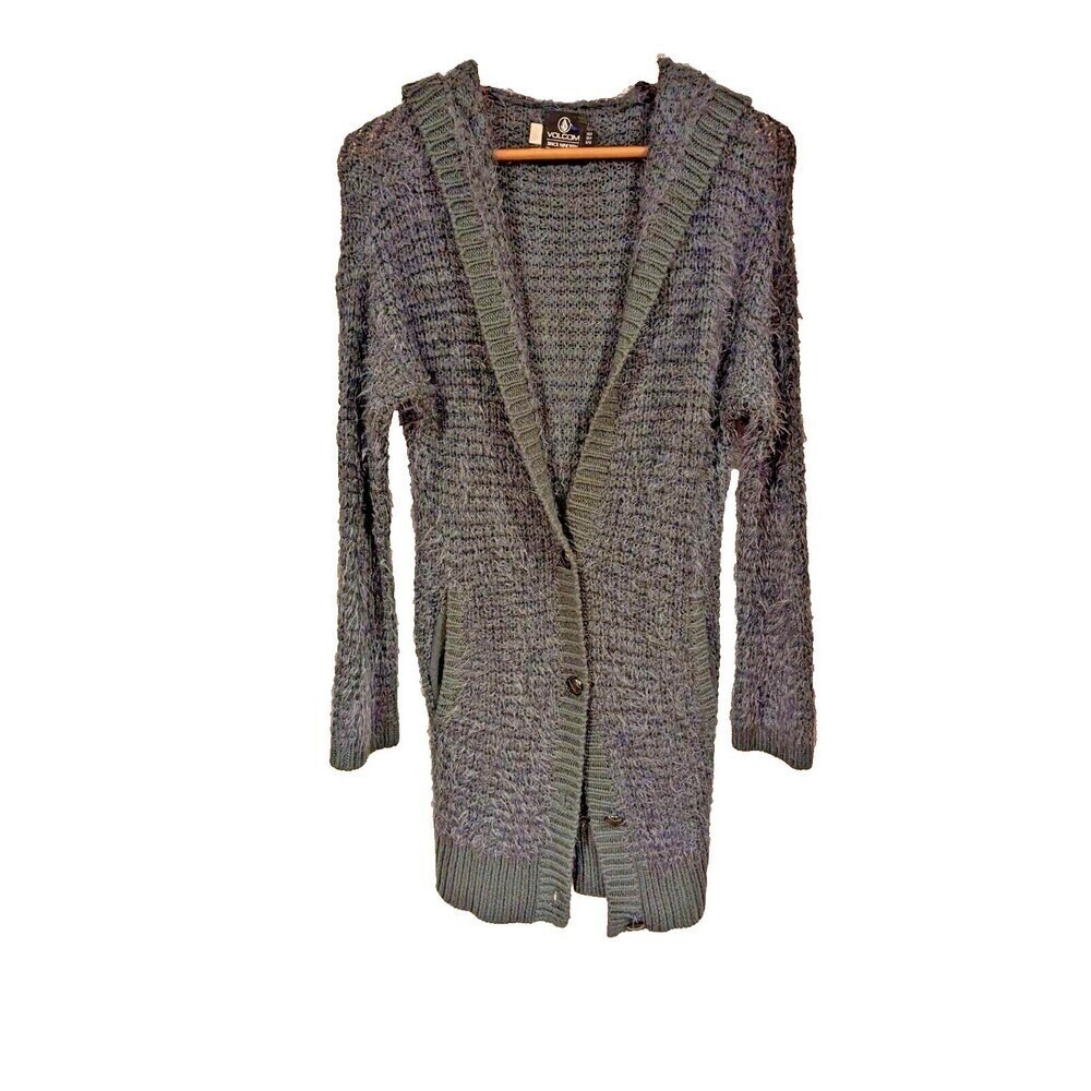Volcom Women's Charcoal Gray Knit Hooded Long Cardigan Sweater XS S‎